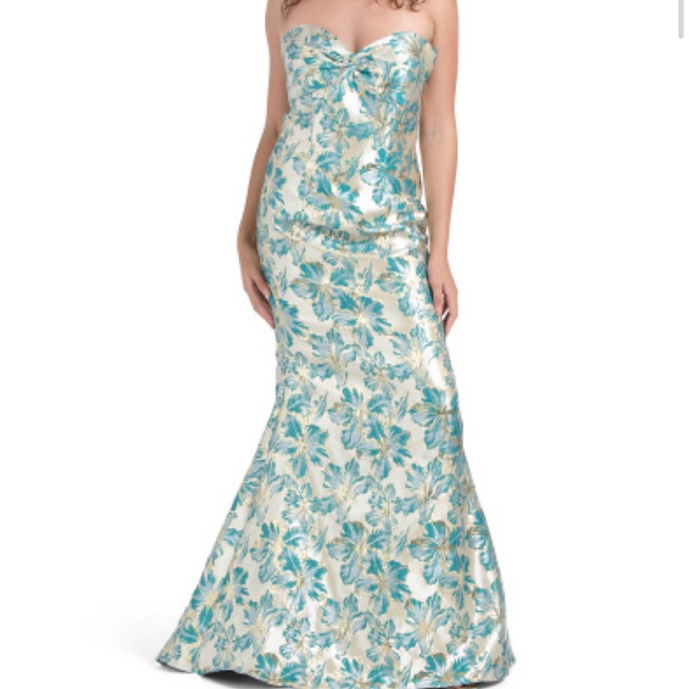 Rene Ruiz Teal and Cream Strapless Floral Dress